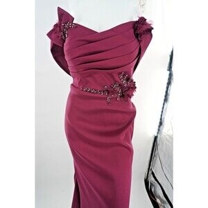 Terani Couture Wine Red 3D Floral Appliqué Beaded Mermaid Evening Gown Size 14